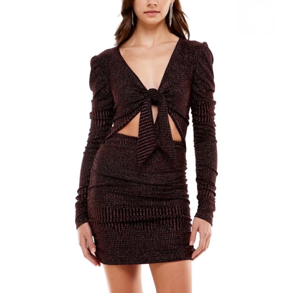 WAYF Metallic Tie Front Cut Out Ruched Long Sleeve Mini Dress Size S